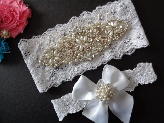Wedding - Wedding Garter Set Ivory or White Stretch Lace Bridal Garter Set Crystals and Rhinestones and Lovely Pearls.