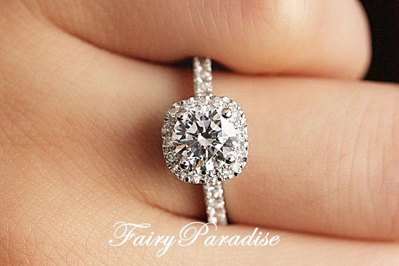 زفاف - 1 Ct Round Cut man made diamond in cushion shaped halo engagement / promise rings in half pave band - made to order ( FairyParadise ) R306