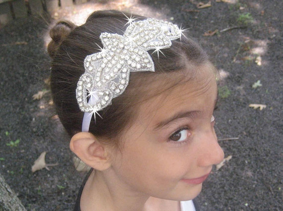 Hochzeit - Rhinestone Flower Girl Headband ..  Bridesmaid Hair Accessory .. Birdcage Veil .. Bridal Rhinestone Headband