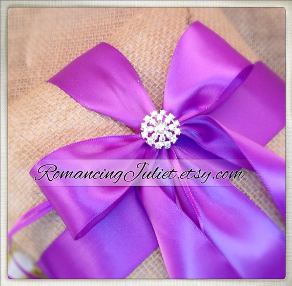 Свадьба - Romantic Burlap Ring Bearer Pillow with Vibrant Rhinestone Accent..BOGO Half Off...You Choose the Colors...shown in grape purple 