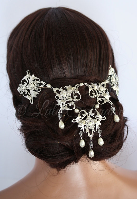 Свадьба - Wedding Headpiece Back Hair Piece Bridal Hair Accessory  Swarovski Crystal Pearl Hair Chain Draped Wedding  Headpiece RUTH HP