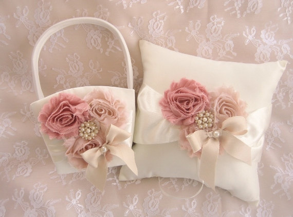 زفاف - Flower Girl Basket -  Blush Rose Blossom Ivory Ring Bearer Pillow, Flower Girl Basket Wedding Pillow