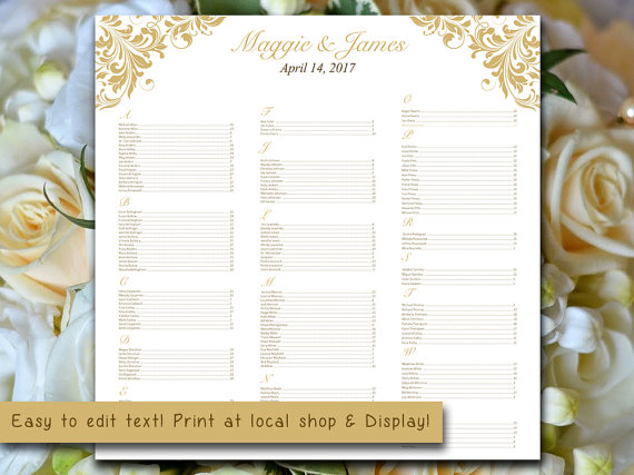Wedding - Wedding Seating Chart Template - Flourish Gold Seating Chart "Maggie" Microsoft Word Template You Print - Wedding Reception Download