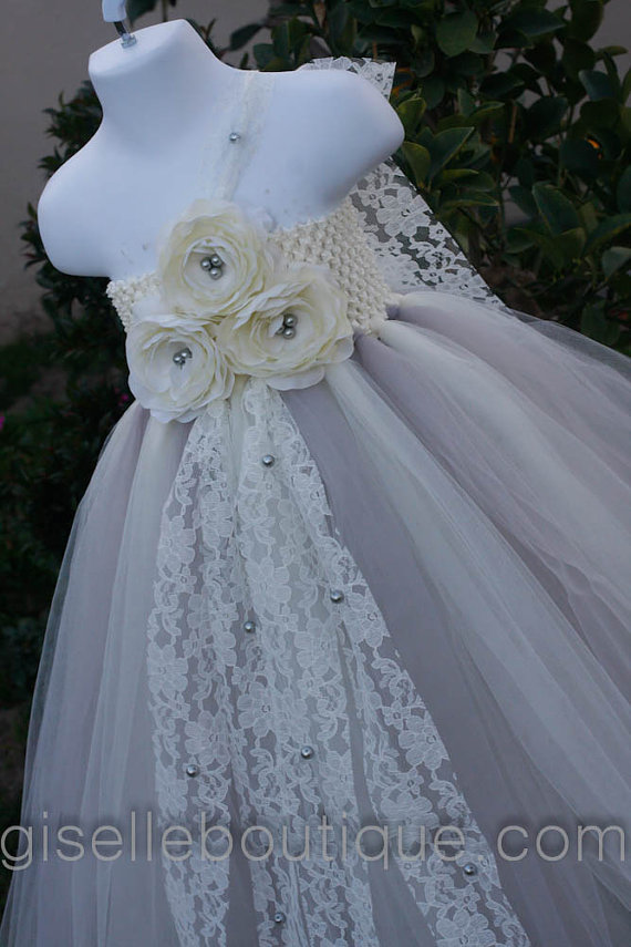 Hochzeit - Flower girl dress.  Grey and Ivory Vintage Tutu dress with Pearls.