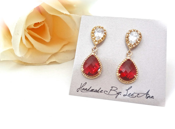 Wedding - Ruby red Earrings ~ Gold teardrops ~ 14k gold over Sterling Silver posts ~ Bridal jewelry ~ Brides earrings ~Valentine's, July Birthday Gift