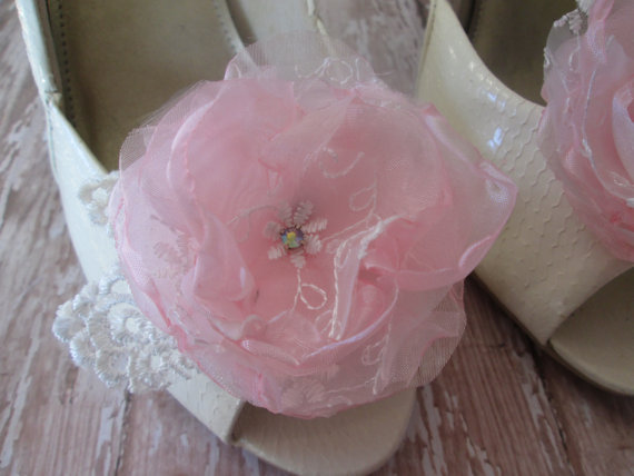 Wedding - Fabric flower shoe clips or bobby pins. Pink organza and lace wedding accessories, special occassion