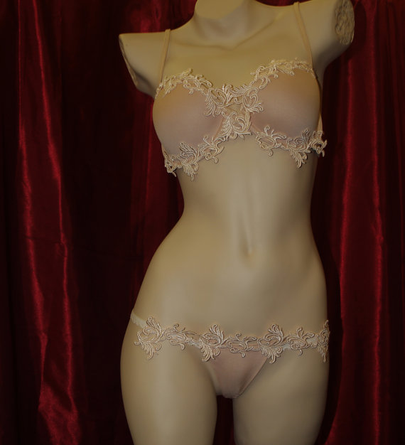 Hochzeit - Bridal Lingerie Nude Color Bra & Thongs Set trimmed with Silk Venice Lace