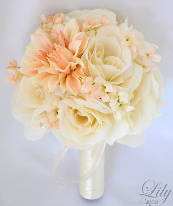 Wedding - RESERVED LISTING Silk Flower Bouquet Wedding Arrangements Artificial Flowers Wedding Flowers Roses Bridal Bouquet  "Lily of Angeles"