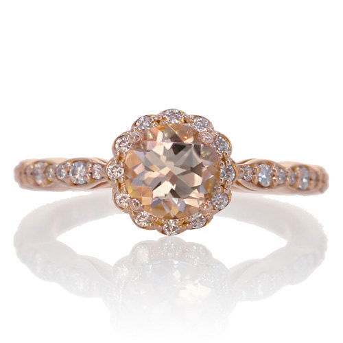زفاف - 14K Morganite Engagement Ring Rose Gold 6mm Alternative Custom Bridal Wedding Gemstone Jewelry Diamond Halo Floral Design Ring