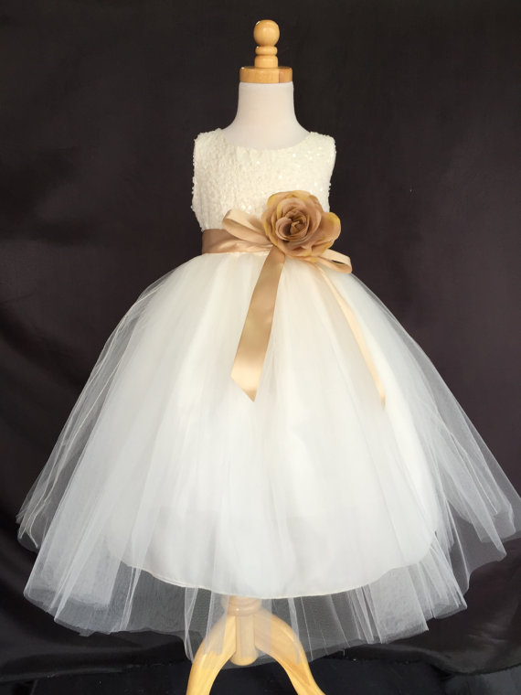 زفاف - Ivory Wedding Bridal Bridesmaids Sequence Tulle Flower Girl Dress Toddler 6 12 18 24 Months 2 4 6 8 10 12 14