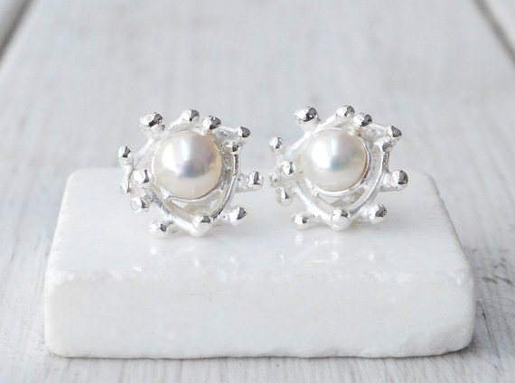 زفاف - Pearl Earrings, Sterling Silver & Cultured Pearls Studs, Pearl Anniversary June Birthstone Gift Idea, Pearl Jewelry, Santorini Pearl Wedding