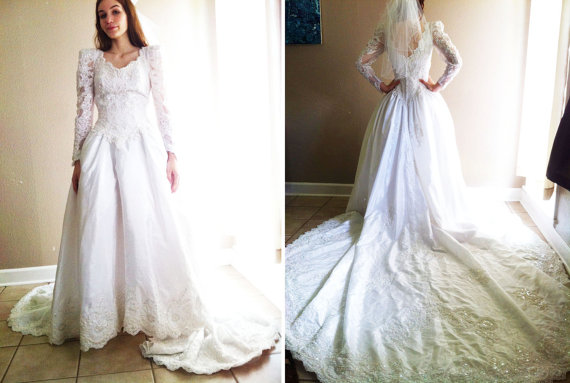 زفاف - Long sleeve beautiful lace and sequin and beaded white 1940s Victorian style wedding gown with long train & veil SET- sale