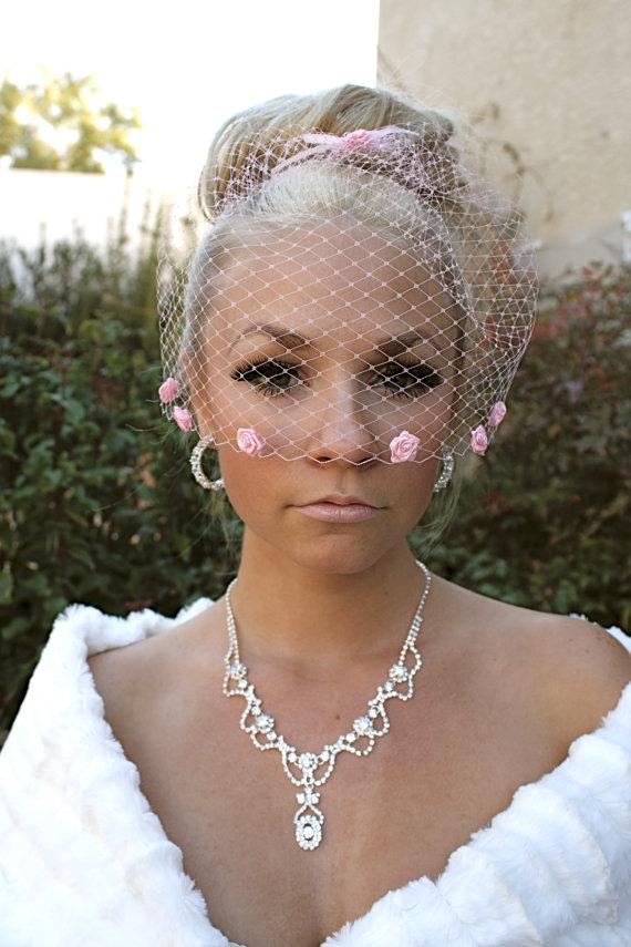Mariage - PINK BIRDCAGE VEIL with Rosettes, Russian Net Cage Veil, Birdcage Veils by Vegas Veils. Ready to Ship.
