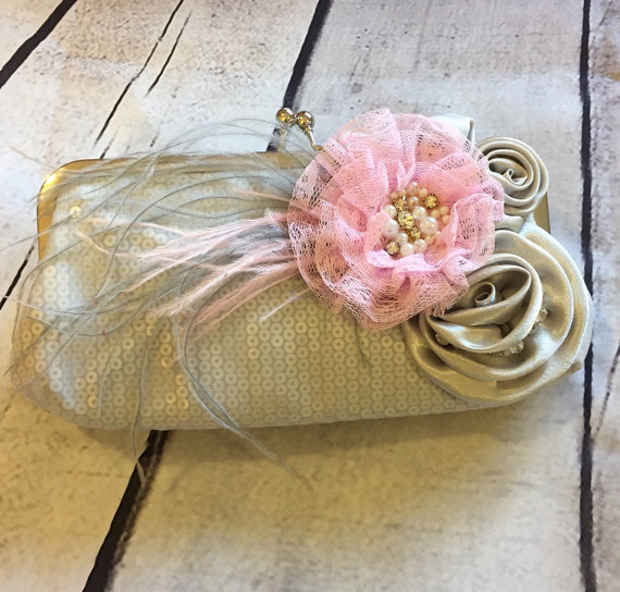Hochzeit - Gray Pink Sequin Clutch handbag Sm Purse for Wedding Prom w/ satin roses & rhinestones Maribu feathers