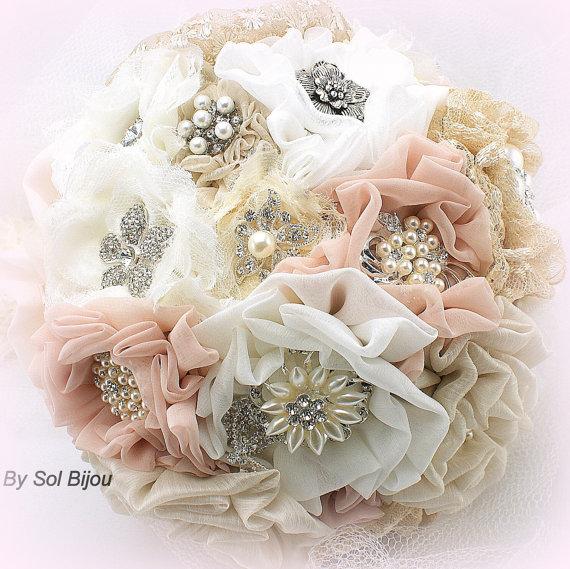 Hochzeit - Brooch Bouquet, Vintage-Style, Bridal, Wedding, Jeweled in Ivory, Tan, Beige, Champagne and Blush with Lace and Pearls