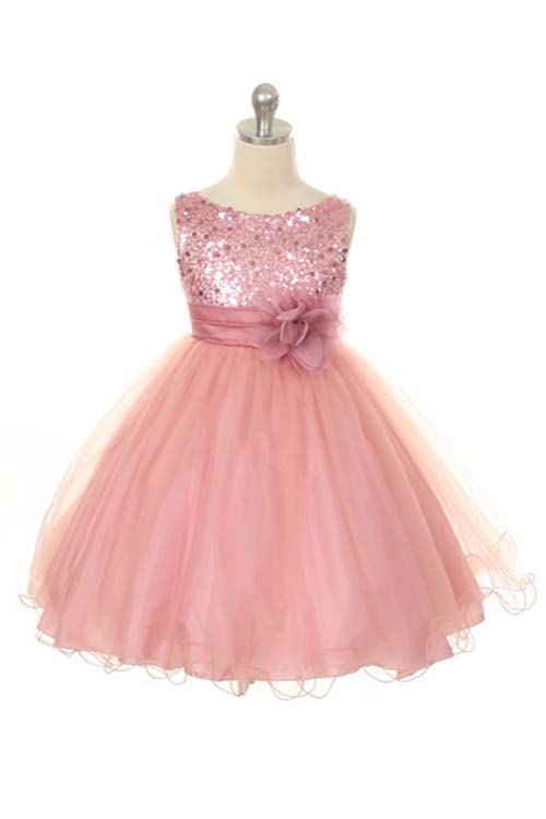 زفاف - Flower Girl Dress Dusty Rose/Pink Sequin Double Mesh Flower Girl Toddler Wedding Special Occasion Dress (ets0155dr)