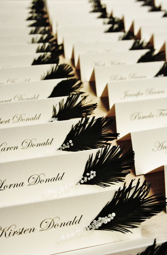 Hochzeit - Wedding Place Cards Black & White Feather And Glass Beads / Rhinestones Decor