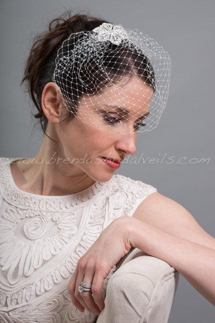 زفاف - Birdcage Veil, Bridal Veil, Rhinestone Edged Veil, Crystal Rhinestone Flower, Wedding Veil