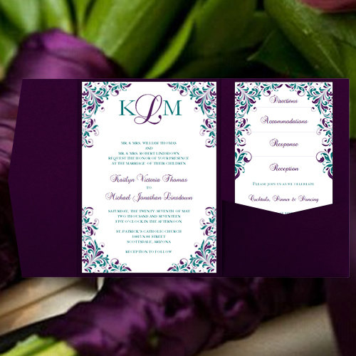 زفاف - Peacock Wedding Invitations "Kaitlyn" Purple & Teal Pocket Card Printable Templates Directions, Accommodations, RSVP, Reception DIY U Print