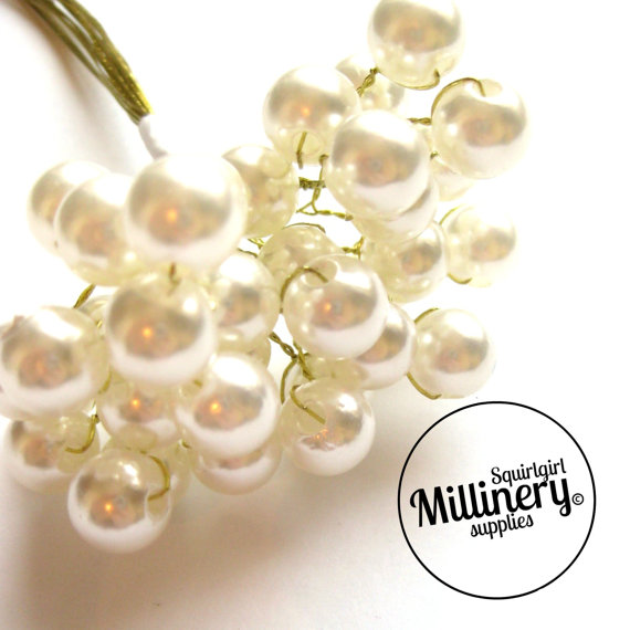 زفاف - 12 Stems Large Ivory on Gold Wired Pearls  (For Millinery, Wedding Bouquets)
