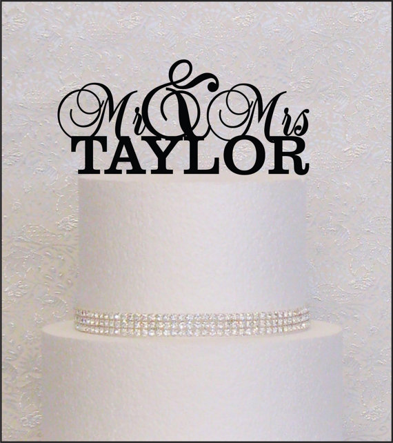 Wedding - Mr and Mrs Last Name Monogram Wedding Cake Topper in Black, Gold, or Silver