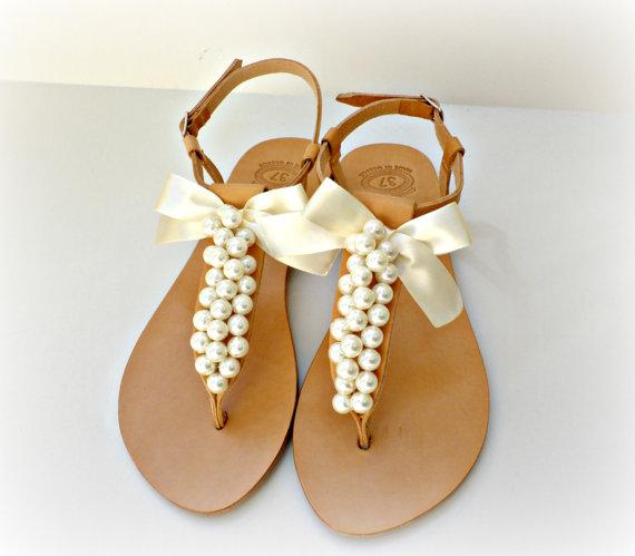 Свадьба - Wedding sandals- Greek leather sandals decorated with white pearls and satin bow -Bridal party shoes- Ivory women flats- Bridesmaid sandals