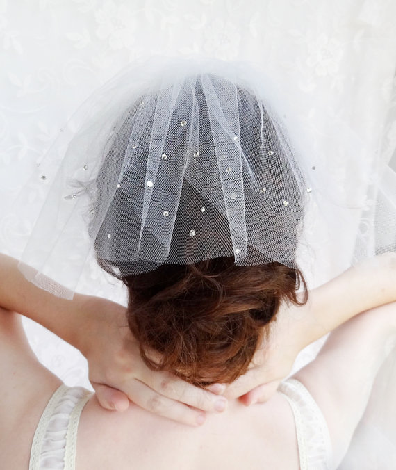 زفاف - tulle rhinestone birdcage veil, short mini wedding veil, white tulle bridal veil - PETALS - crystals bridal veil, rhinestone, sparkle