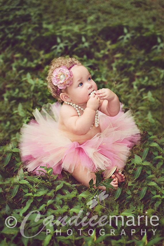 زفاف - Baby Tutu - Beige and Dusty Rose - Matching Flower Headband - Newborn Through 4T Available Sizes