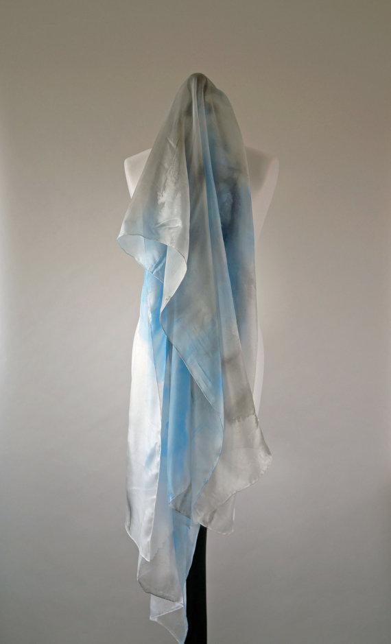Hochzeit - Large silk scarf silk veil blue and grey multiway scarf sheer pareo sarong shawl handpainted hand dyes abstract lightweight bridal veil