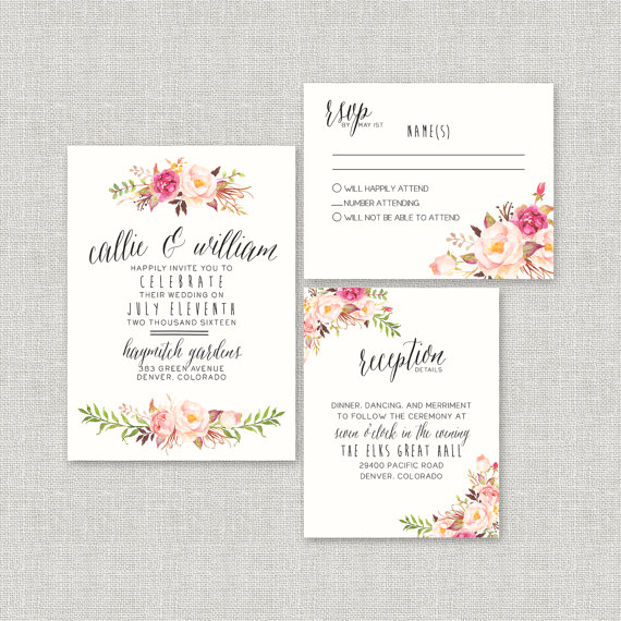 زفاف - Watercolor Boho Wedding Invitation Suite DEPOSIT - DIY, Rustic, Chic, Country, Calligraphy, Invite Kit, Printable (Wedding Design #51)