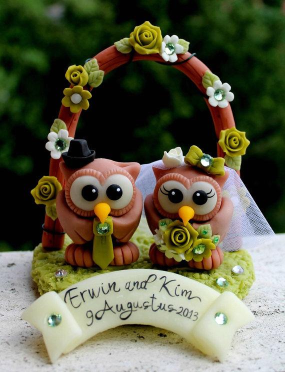 Wedding - Wedding cake topper, chocolate owl bride and groom with floral arch and banner, apple green wedding