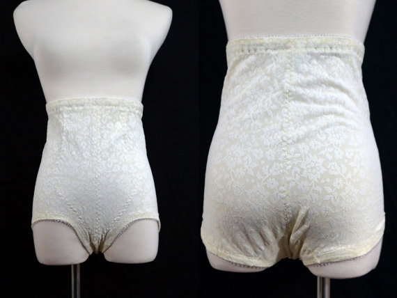 زفاف - 1960s Stretch Lace Panty Girdle White High Waist Control Top Shapewear Large Plus Size