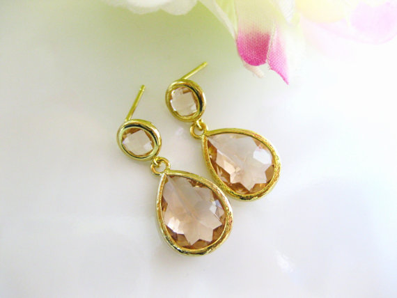 Wedding - Peach Champagne Drop Dangle Earrings Champagne Stud Earrings Gold Earrings Wedding Jewelry Bridesmaids Gift Gift for Her (E059)