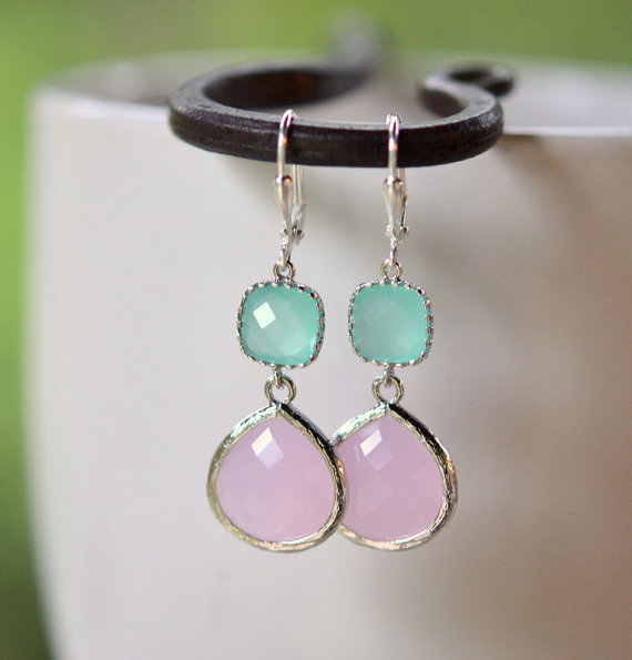 Свадьба - Soft Pink Bridesmaid and Aqua Jewel Earrings in Silver.  Wedding Jewelry.  Bridesmaid Jewelry. Gift.  Drop Earrings. Dangle Earrings.
