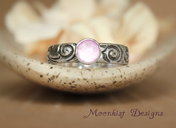 Hochzeit - Lavender Moon Quartz Bezel-Set Solitaire with Floral Sterling Band, Spiral and Flower Promise Ring or Engagement Ring, Choice of Stone