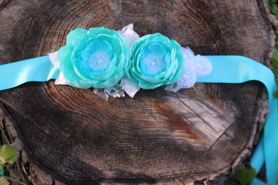Hochzeit - Turquoise flower wedding sash ribbon.