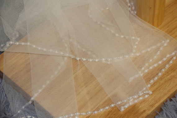 Hochzeit - 2T wedding veil, pearl bridal veil, hand-string pearl veil, elbow veil, white ivory veil, pearl + comb bridal veil, wedding headpiece+ Comb