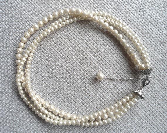 Wedding - Pearl Necklace,  Ivory Pearl Necklace ,Glass Pearl Necklace,3 Strands Pearl Necklace,Wedding Jewelry,Bridesmaid necklace,Wedding necklace