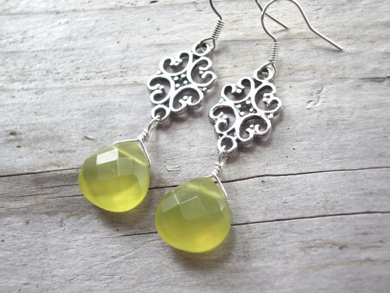 زفاف - drop earrings yellow green teardrop earrings and silver filigree  bridal jewelry  drop long dangle bridesmaid earrings