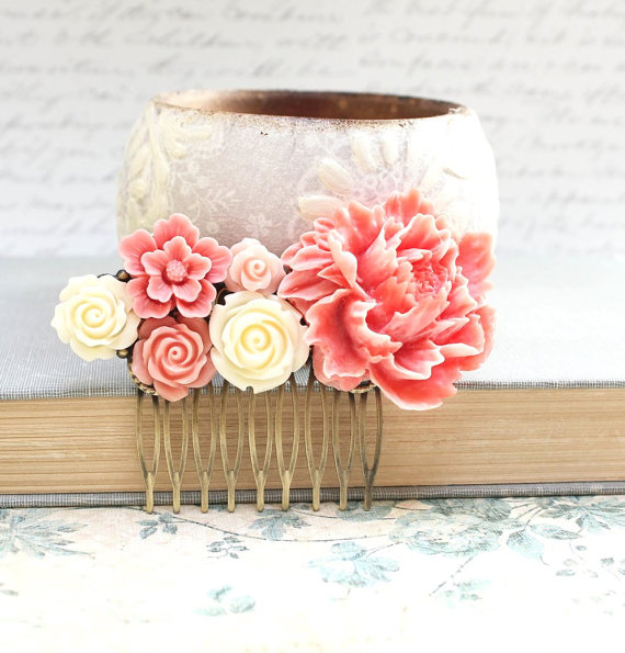 Hochzeit - Coral Rose Hair Comb Floral Collage Comb Wedding Accessories Bridal Hair Comb Bridesmaids Gifts Decorations for Hair Bright Spring Colors