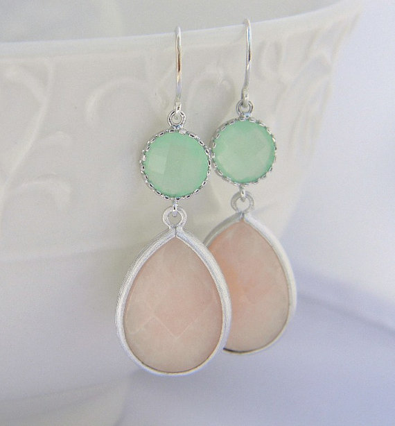 Mariage - Peach and Mint Dangle Earrings Trimmed in Silver-Drop Earrings-Bridesmaid Gift- Wedding Earrings-Spring Wedding-Jewelry Gift