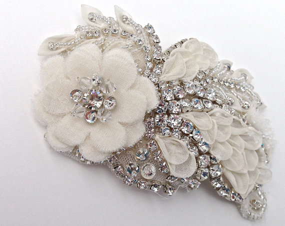 Hochzeit - Couture Crystal Beaded Bridal Hair Clip Fascinator, Wedding Headpiece, Bridal Ribbon Headband, Flower Hairclip, Ivory Bridal Hair Clip