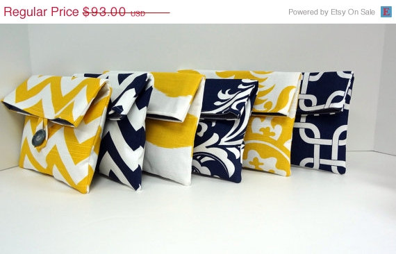 Wedding - ON SALE Bridesmaid Gift of 6 Clutches / Navy and Yellow Wedding / Wedding Accessory