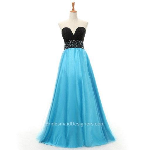 Свадьба - Two Tone Strapless Sweetheart Long Tulle Overlay Satin Bridesmaid Dress with Beads Accents