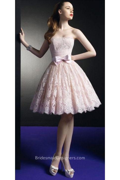 Wedding - Knee Length Pink Straight Across Pink Lace Bridesmaid Dress
