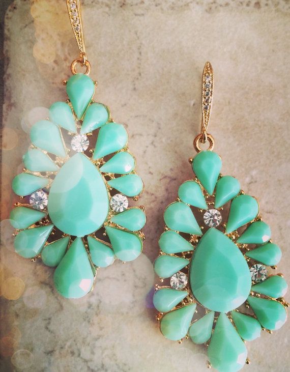 Свадьба - Statement Earrings FREE SHIPPING Turquoise Mint Rhinestone Statement Drop Earrings Dangle Earrings Bridesmaid Gift Jewelry Limonbijoux