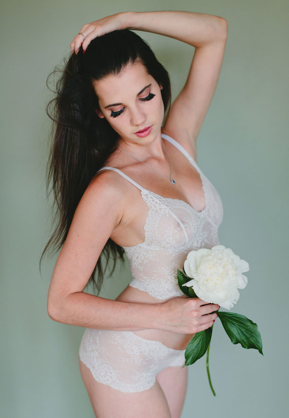 زفاف - White Lace Bra - 'Sassafras' Style French Lace Longline Bridal Bra - Made To Order See Through Lingerie