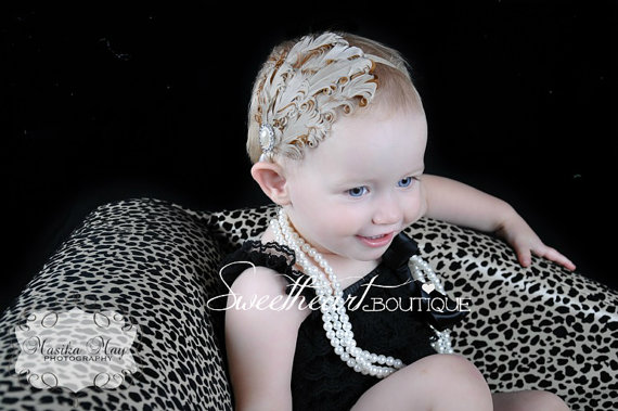Hochzeit - Feather Headband, Baby Headband, Wedding Hair Piece, Headpiece, Beige and Brown Vintage Inspired Pearl Drop Curled Nagorie Feather Headband