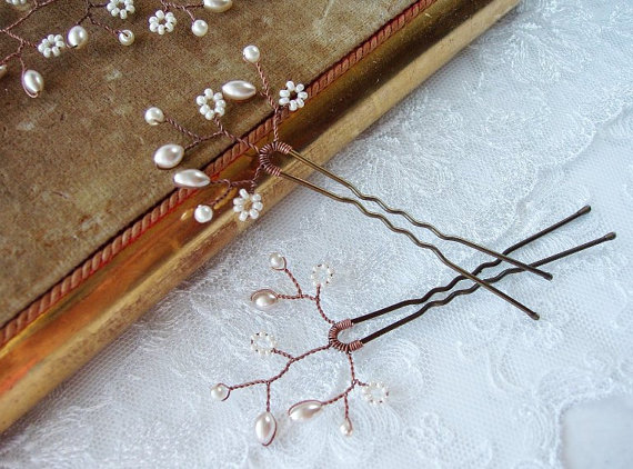 Mariage - Wedding Hair Accessories Bridal Hair Pins with Pearl Branch Pair Antique Copper Wedding Hair Piece Bijoux Mariage Bijou