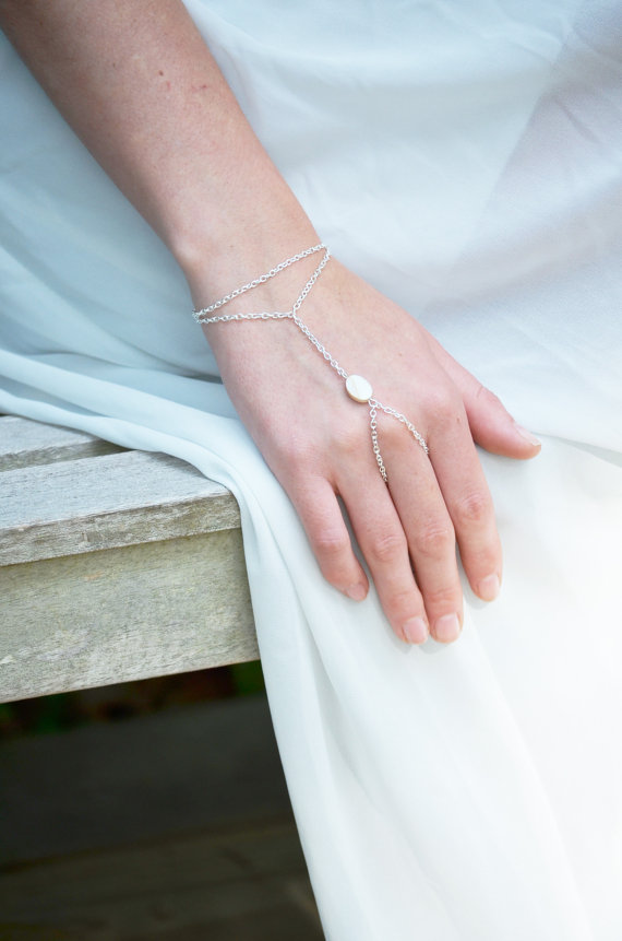 Wedding - Hand Chain Hand Bracelet Bridal Wedding Silver Chain Boho Bohemian Mother of Pearl Bead Two Strand Hand Jewelry BRElenasilmop